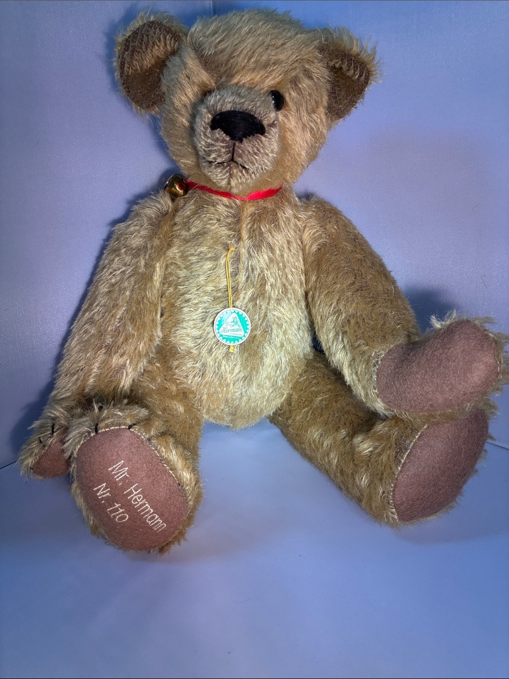 Hermann Lange Tan Mohair Teddy Bear with Red Ribbon